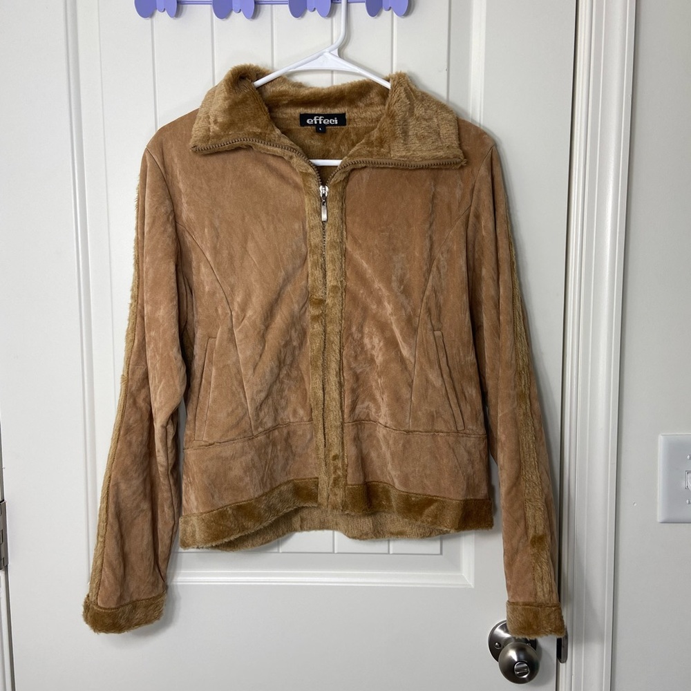 NWOT Effeci women’s‎ light tan brown faux suede fur lined collar full zip jacket